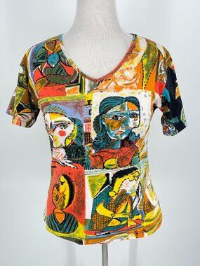 Mirror Image Vintage 90s Beaded Sequin Picasso Cubist Art Scene Top Large
